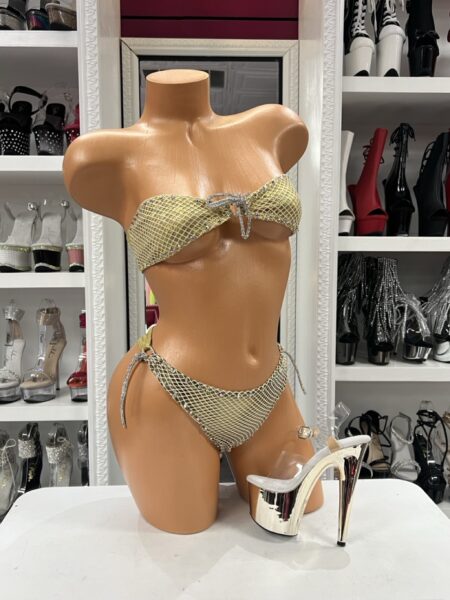 Gold Net Strapless Bikini with sparkling bow details