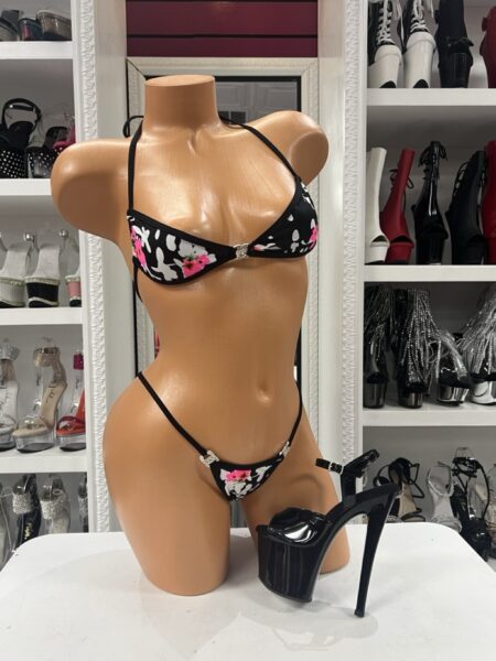Floral Micro Bikini Set with colorful floral print, rhinestone connectors, adjustable halter top, and matching micro bikini bottoms.