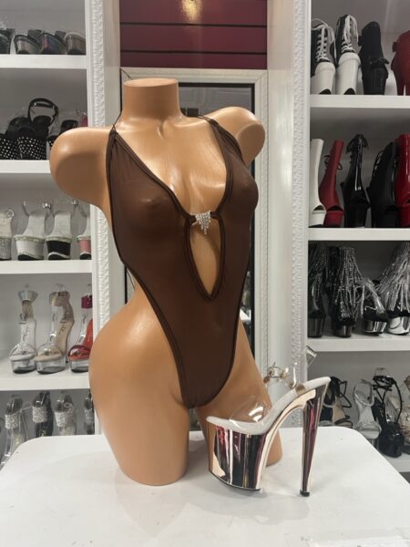 Brown Mesh Keyhole Bodysuit with crystal front accent