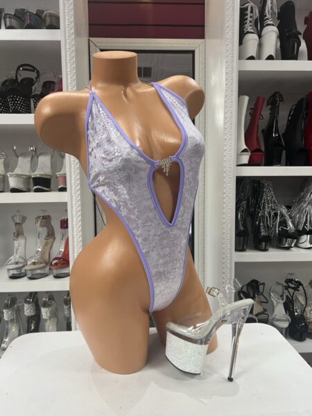 Lavender Snakeskin Keyhole Bodysuit with plunging neckline and crystal detail