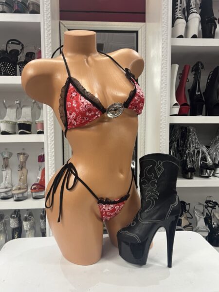 Red Bandana Bikini with black lace trim, silver concho accent, adjustable tie-side bottoms, and Western-inspired styling.