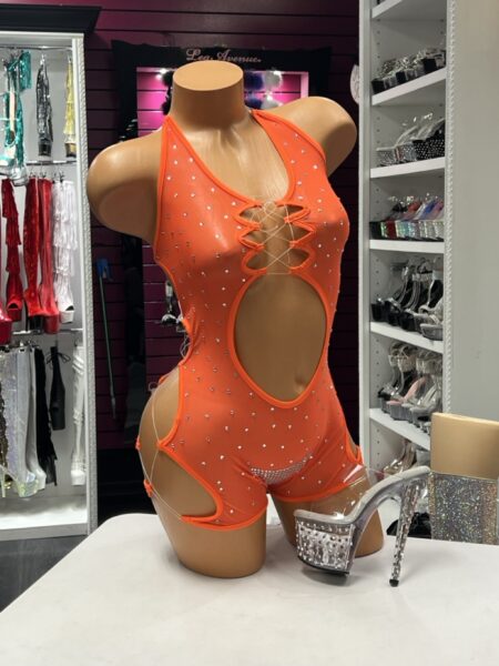 Orange Rhinestone Cutout Romper with lace-up front, sparkling rhinestones and open side details