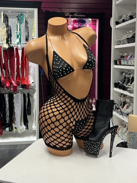 Black Crystal Fishnet Romper with crystal triangle cups and oversized fishnet body.