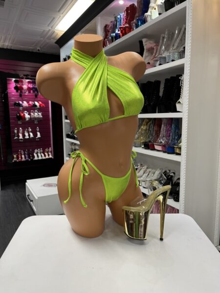 Lime Halter Bikini with shimmering wrap-style halter top, front cutout, and adjustable side-tie bikini bottoms.