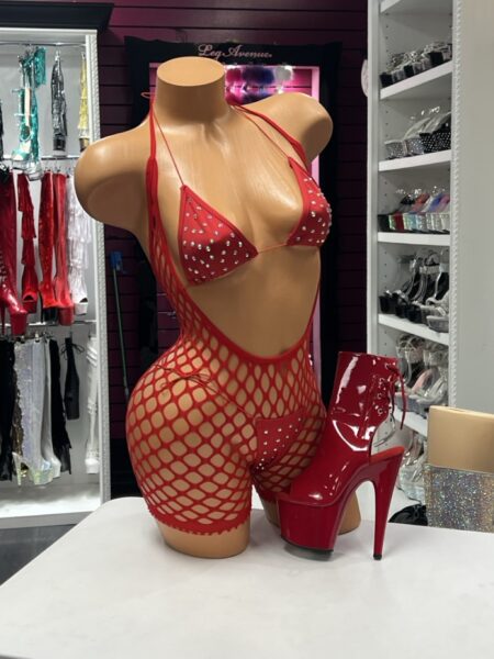 Red Crystal Fishnet Set featuring a crystal triangle bikini, matching thong, and oversized fishnet romper overlay.