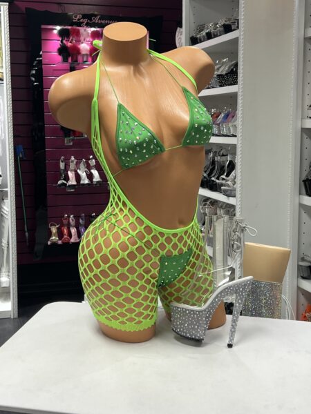 Neon Green Fishnet Set featuring a crystal triangle bikini, matching thong, and oversized fishnet romper overlay.