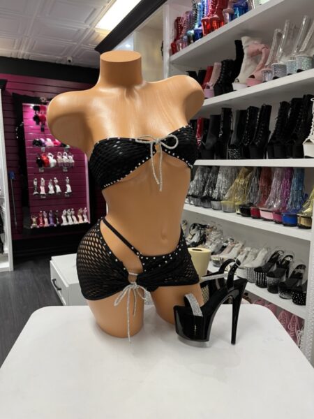 Black Fishnet Skirt Set with Rhinestone Trim and Cutout Mini Skirt