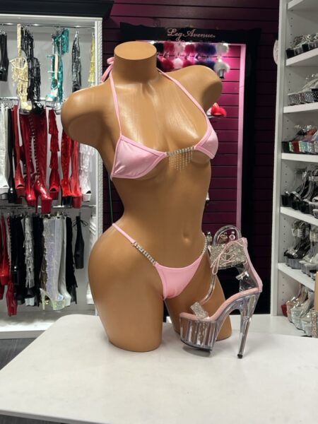 Baby Pink Crystal Bikini featuring crystal chain side straps and rhinestone fringe center connector.