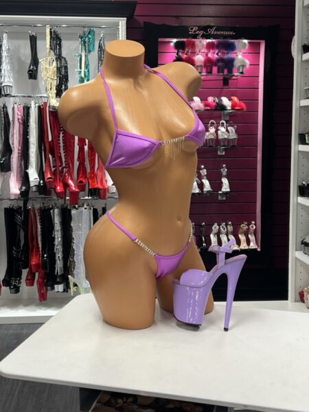 Lavender Crystal Chain Bikini with rhinestone fringe center detail and crystal chain side straps.