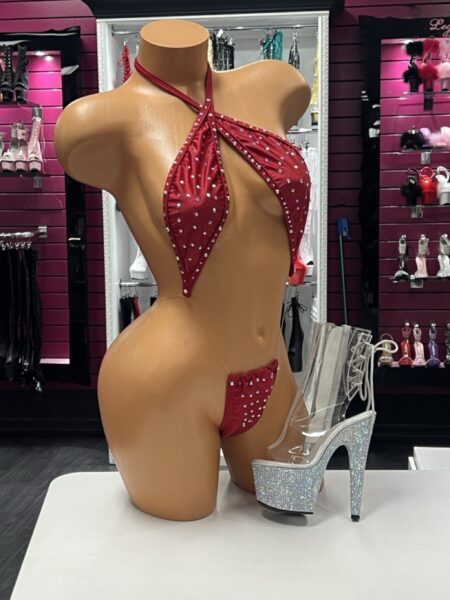 Ruby Crystal Slingshot Bodysuit with crystal embellishments and crossed halter neckline.