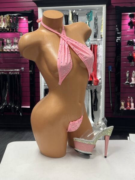 Pink Crystal Wrap Monokini featuring a wrap halter neckline, crystal embellishments, front cutout, and high-leg silhouette.