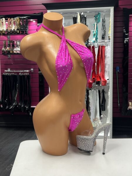 Hot Pink Crystal Monokini featuring a wrap halter neckline, sparkling crystal embellishments, front cutout, and high-leg silhouette.