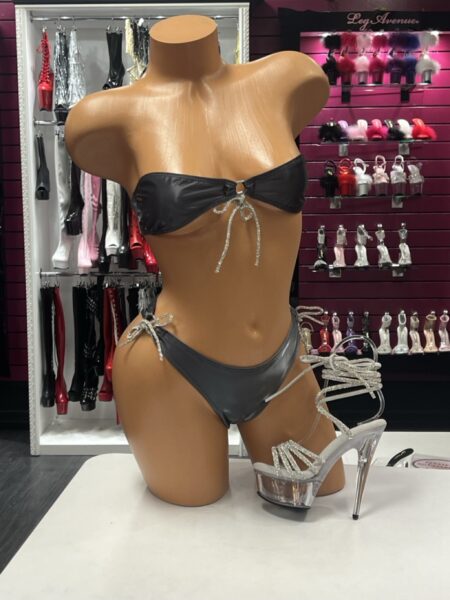 Gunmetal Tie Bikini Set featuring metallic fabric, bandeau top, rhinestone tie accents, and matching bikini bottoms.