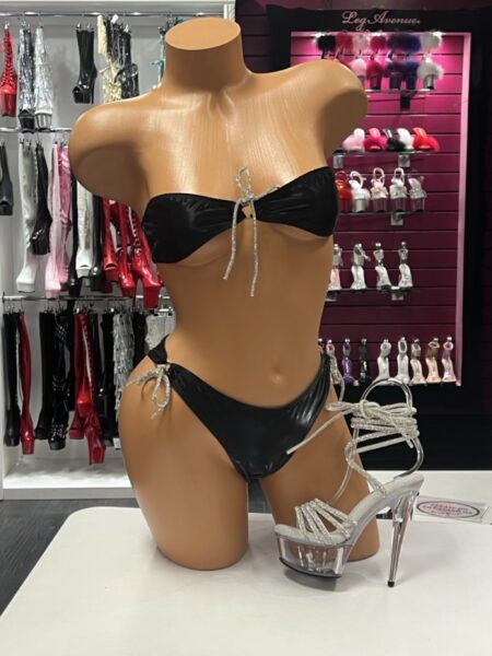 Black Tie Bikini Set with bandeau top, rhinestone tie accents, glossy stretch fabric, and matching bikini bottoms.