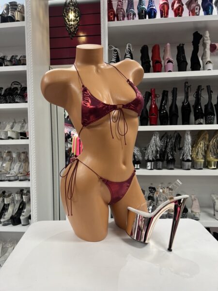 Burgundy Bikini with a metallic triangle top, adjustable string ties, and matching tie-side bottoms displayed on a mannequin.