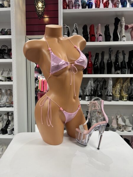 Pink Velvet Bikini with a soft velvet triangle top, adjustable string ties, and matching tie-side bottoms displayed on a mannequin.