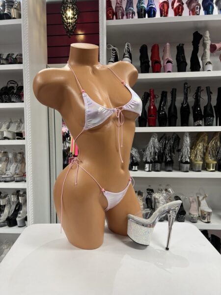 Iridescent Bikini featuring a shimmering triangle top with adjustable string ties and matching tie-side bottoms displayed on a mannequin.
