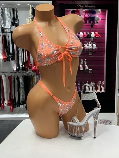 Orange Jeweled Bikini Set with iridescent gems and matching embellished bottom