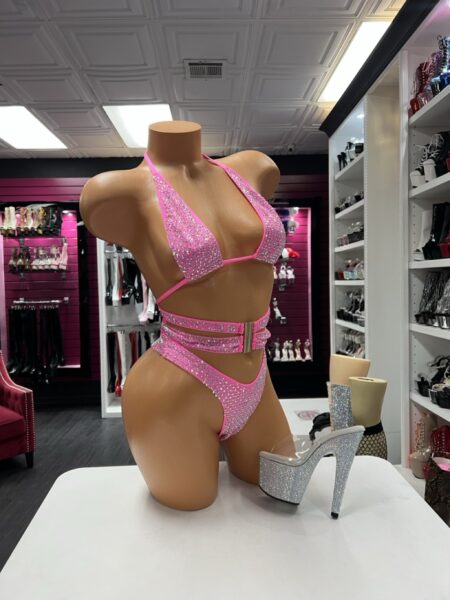 Hot Pink Crystal Bikini with sparkling triangle top, high-cut bottom and crystal waist straps