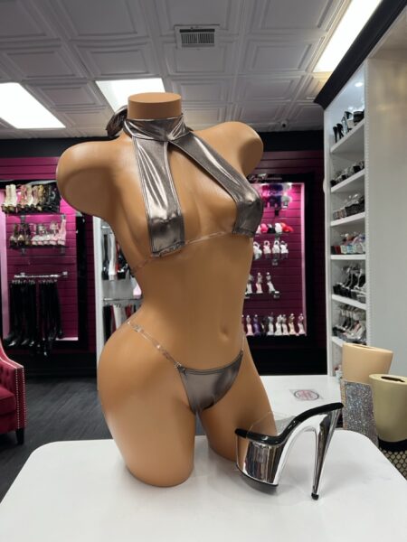 Bronze Metallic Collar Bikini with wrap collar top and clear strap micro bottom