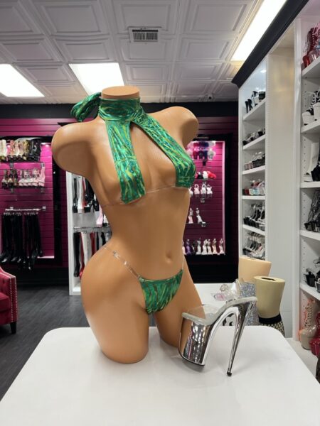 Green Holographic Collar Bikini with reflective wrap collar top and clear strap micro bottom