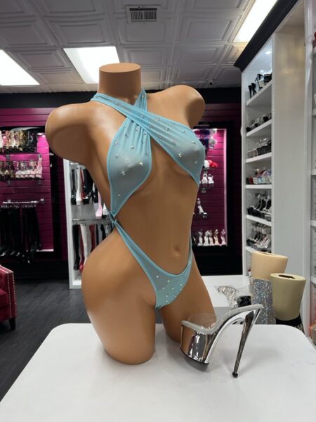 Baby Blue Crystal Slingshot with sheer crossed front and sparkling crystal accents