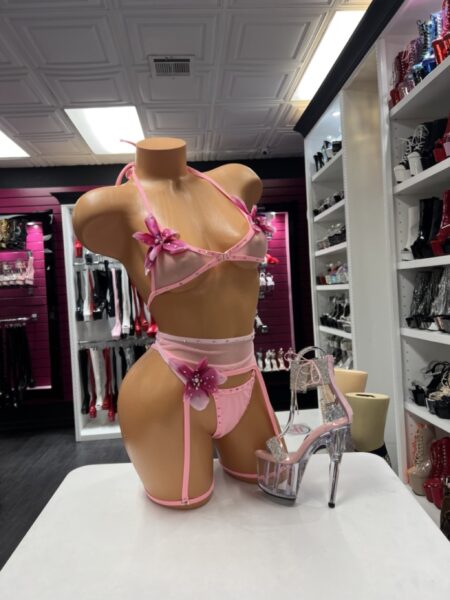 Pink Floral Lingerie Set featuring a sheer mesh triangle bra, matching thong, coordinating garter belt, rhinestone accents, and 3D floral appliqués displayed on a mannequin.