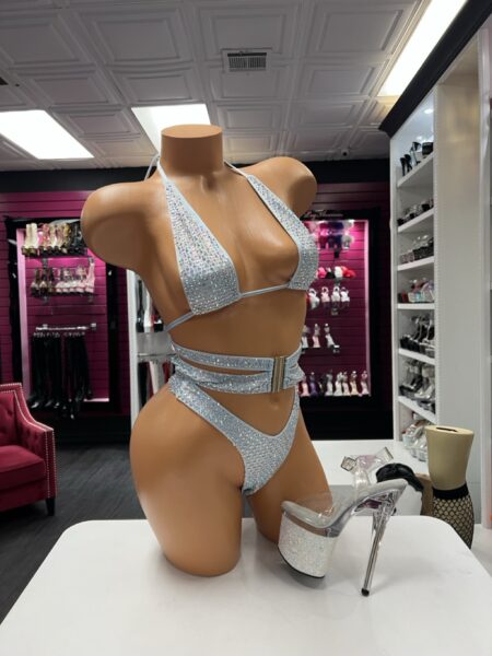 Baby Blue Crystal Bikini with sparkling triangle top, high-cut bottom, and layered waist straps
