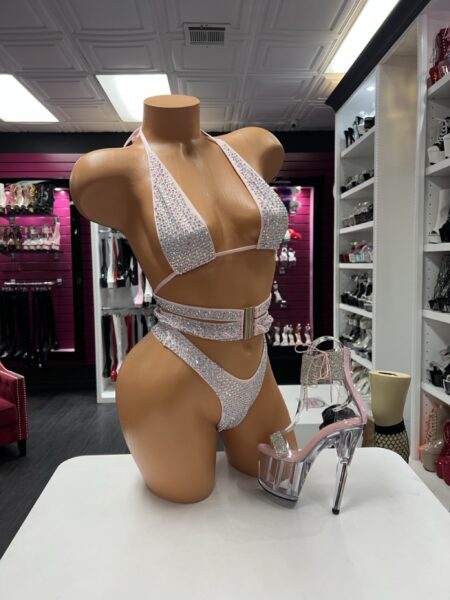 Baby Pink Crystal Bikini with crystal triangle top, high-cut bottom, and layered sparkling waist straps