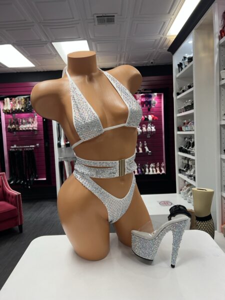 White Crystal Belt Bikini with sparkling halter top, high-cut bottom and layered crystal waist belt