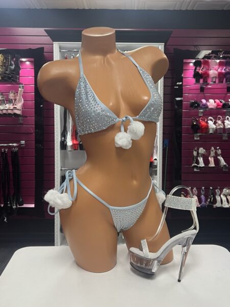 Baby Blue Pom Bikini with sparkling triangle top, tie-side bottom and fluffy white pom-pom accents