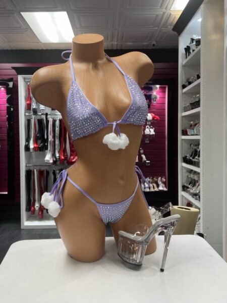 Lavender Pom Sparkle Bikini with embellished triangle top, tie-side bottom and fluffy white pom-poms