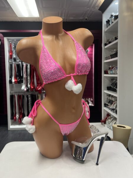 Hot Pink Pom Bikini with sparkling triangle top, tie-side bottom and fluffy white pom-poms