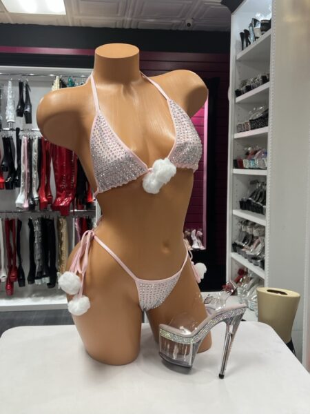 Baby Pink Pom Bikini with sparkling triangle top, tie-side bottom and white pom-pom accents