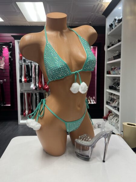 Turquoise Pom Pom Bikini two piece set with sparkling embellishments and white pom pom accents