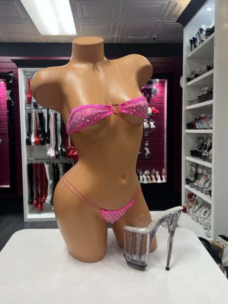 Fuchsia Heart Mesh Bikini with sparkling bandeau top, heart center and double-string bottom