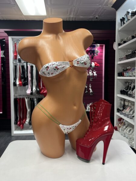 Cherry Heart Bandeau Bikini with red cherry print, heart center and sparkling embellishments