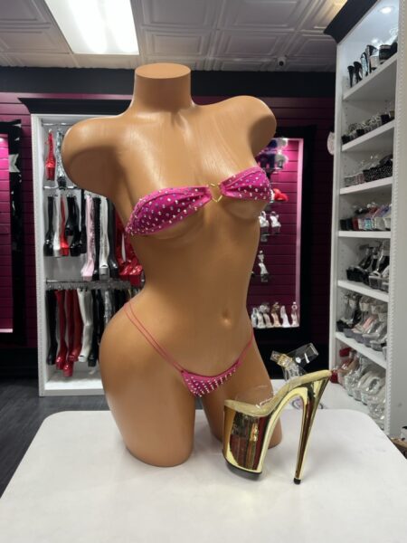 Hot Pink Heart Bikini with gold heart center and sparkling embellishments
