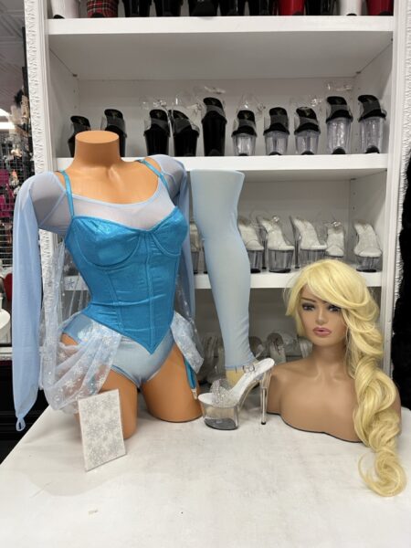 Let It Go Ice Costume blue bodysuit with sheer sleeves and leg accessories