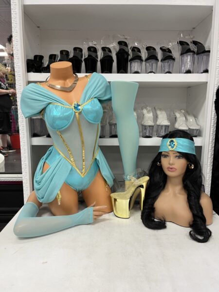 Make A Wish Costume with turquoise bodysuit, gold accents, long gloves, matching leg accessories, headband, earrings, and necklace.