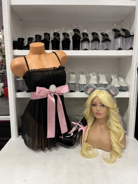A Mouse Duh! Costume with black mini dress, pink bow belt, gray mouse ears, body jewels, and decorative brooch pin.