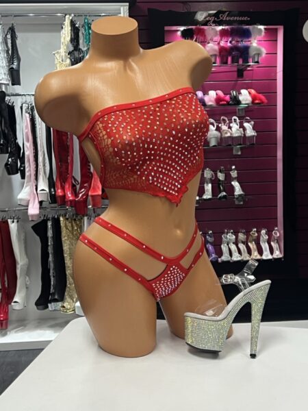 Image Alt Text: Red Crystal Fishnet Set with strapless top and strappy micro bottom