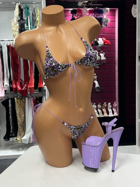 Purple Floral String Bikini with lavender ties and colorful bead accents