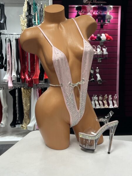 Blush Crystal Sling Bodysuit with plunging front and crystal tie