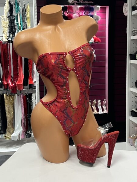 Red Snakeskin Crystal Bodysuit with open front and sparkling crystal trim