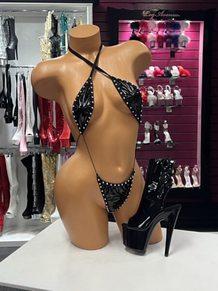 Black Patent Crystal Monokini with crystal trim and crossing straps