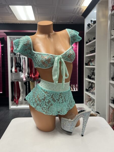 Mint Crystal Lace Set with crop top and matching skirt