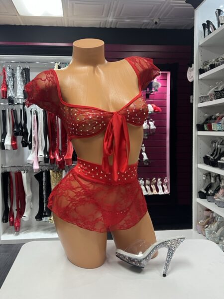 Red Crystal Lace Set with sheer top and matching skirt