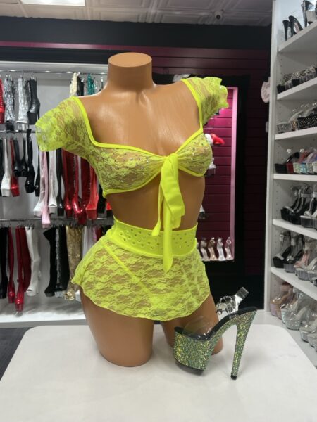 Neon Yellow Lace Skirt Set with tie-front crop top and matching mini skirt