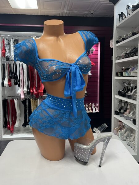 Blue Crystal Lace Skirt Set with tie-front top and matching mini skirt